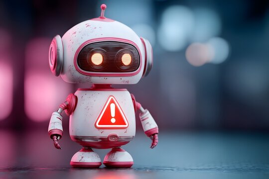 AI chatbot error concept illustrating a system malfunction with a robot and warning symbols. Illustration.