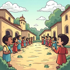 Children Singing in a Village Street with Cartoon Style Houses