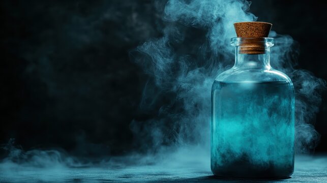 An enigmatic image of a potion bottle emitting smoke, capturing a sense of mystery and wonder, symbolizing magic and the unknown in a hauntingly beautiful setting.