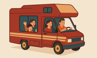 Flat vector illustration of a happy family traveling in a camper van. Parents and children enjoying a road trip together in a motorhome.
