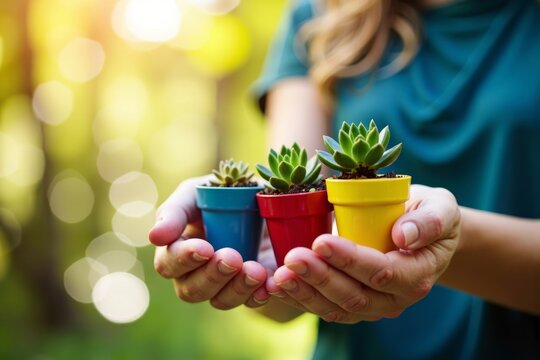 Close-up of two hands grasping small succulent plants in vibrant pots with blurred background.