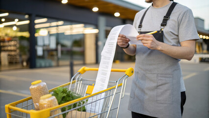 Cost of living inflation. Man holding long receipt, grocery cart, outdoor supermarket, food price, cost of living, inflation ,rising prices,financial pressure,economic crisis