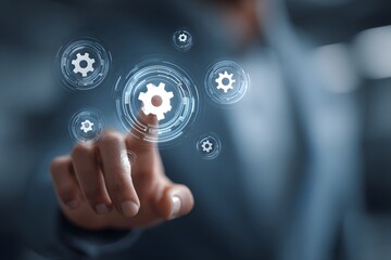 Fototapeta premium Businessman using an AI-powered Document Management System (DMS) for efficient file organization. Illustration.