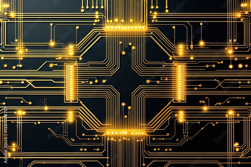 Poster enigmatic gold circuit framework background - modern technology design vector pattern