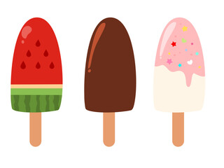 Popsicle set with many flavor and topping. Ice lolly cartoon. Watermelon, chocolate and strawberry. Food illustration. Can be used for wallpaper, print and sticker