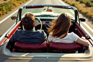 Bird's Eye View of Friends Cruising in a Classic Convertible with Hair Blowing in the Wind