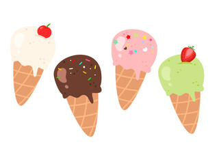 Ice cream cone set with many flavor. Vanilla, chocolate, strawberry and matcha ice cream. Food illustration. Can be used for wallpaper, print and sticker