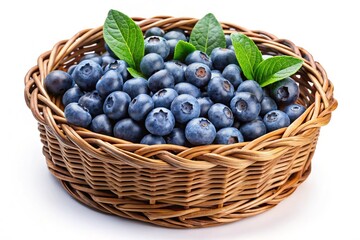 Abundant basket overflowing with juicy fresh blueberries and vibrant green leaves