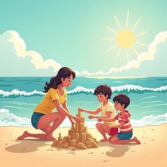 Family Building Sandcastle Together on Beach Vacation