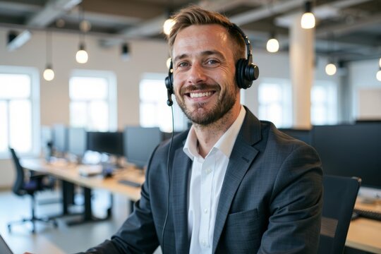 Image of an upbeat male customer service representative wearing a headset, multitasking in a call center while balancing on a stability board.