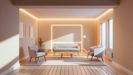 Modern living room interior with contemporary furniture and glowing ambient lighting