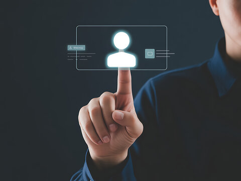 Person touching a digital interface displaying a user profile and search icon