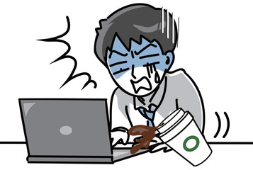 コーヒーをパソコンにこぼし青ざめる会社員のベクターイラスト
