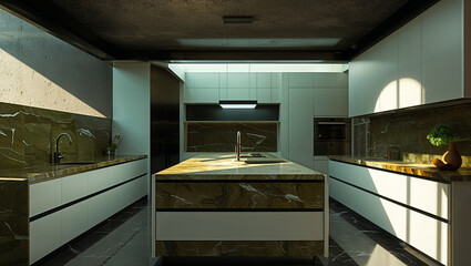 Modern luxury kitchen design with island and marble countertops in a contemporary home