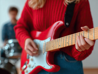 Young female musician passionately plays red electric guitar during band practice session
