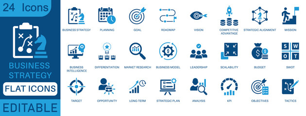 Business strategy icon set. Goal, vision, mission, planning, roadmap, business model, tactics, SWOT, competitive advantage, objectives and more. perfect flat icon collection.