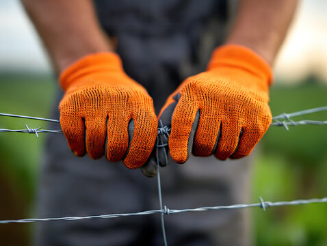 Farmer wearing orange gloves installs barbed wire fence in rural field, showcasing hard work and dedication