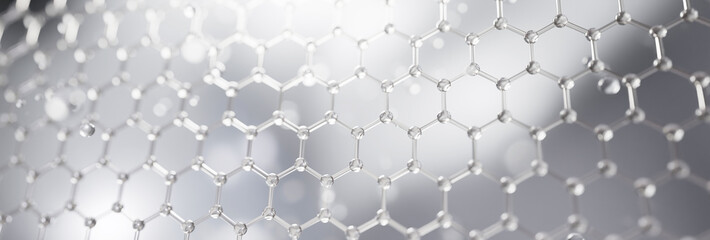 Clean panoramic background with abstract molecule grid and soft lighting. Ideal for skincare, cosmetic branding, biotech visuals, and medical or wellness presentations.