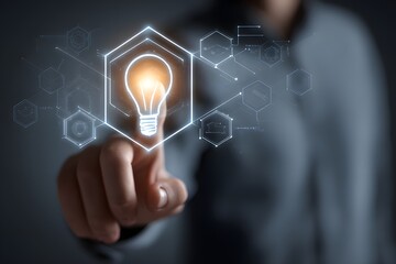 User's hand touching a virtual AI innovation interface with a digital brain graphic. Illustration.