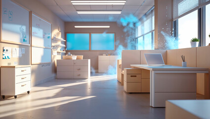 Modern office interior design featuring white desks whiteboards and light enhanced atmospheric effect
