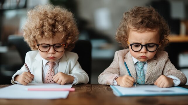 Two young children in smart suits and glasses, diligently focused on their work, embodying curiosity and seriousness in a playful and adorable manner.
