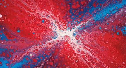 Abstract colorful fluid acrylic pour painting in red blue white colors and waves, vibrant bubbles, textured background,  design  fluid art