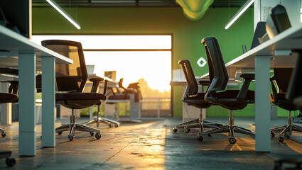 Modern office interior with desks and chairs bathed in warm morning light