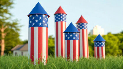 Independence day celebration. Patriotic firework rockets with American flag design stand green grass ,barbecue party outdoor, 4th of july gathering, family patriotic celebrating usa holiday