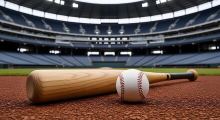 A close-up shot of a white baseball ball and wooden baseball bat laid on field at the empty baseball stadium. Eye-level wide-angle shot. 