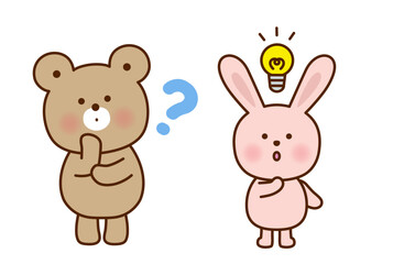 Obraz premium 考え中のくまとひらめきのうさぎのイラストセット 