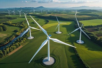 Aerial Perspective of Sustainable Wind Turbines in a Scenic Eco-Friendly Landscape