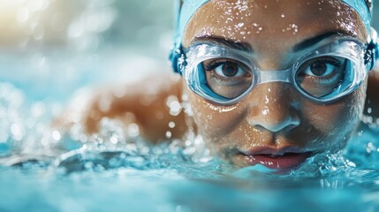 A focused female swimmer, wearing goggles, prepares to dive into the pool, embodying determination, strength, and the competitive spirit essential for a successful swimming race.