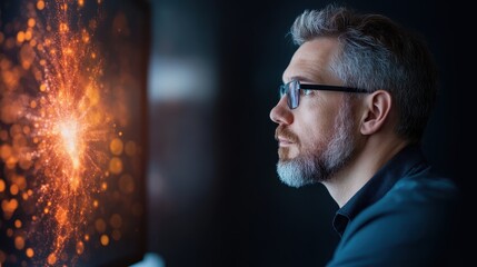 A thoughtful man with glasses gazes deeply into a vibrant digital screen filled with glowing lights and intricate patterns, symbolizing introspection and curiosity.