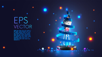 Cyborg hand creates a spiral Christmas tree in cyberspace. The Christmas tree on the podium in cyberspace. A New Year banner or card for Christmas and new year in the style of AI and new technologies