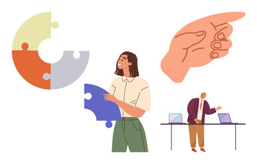 Professional holding a puzzle piece, pie chart diagram, pointing hand, team working with laptops. Ideal for problem-solving, collaboration, teamwork, project planning, leadership strategy