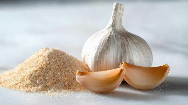 A whole garlic bulb, separated cloves, and a pile of garlic powder.