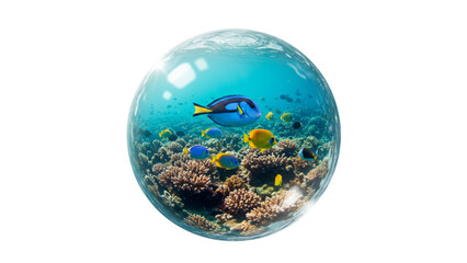 Underwater scene in a ball with colorful fish swimming around a coral reef