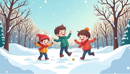 Children Playing in Snow Cartoon Illustration Winter Fun