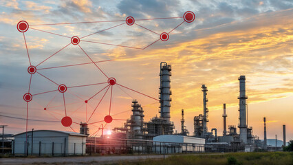 Oil trade international. Oil refinery industrial plant network connection technology energy sunset sky pipeline refinery ,global shipping, energy, crude oil market, energy economy
