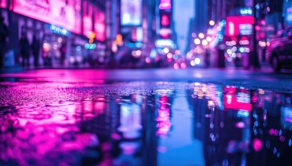 Fototapeta premium Neon-lit city street at night, reflected in a puddle