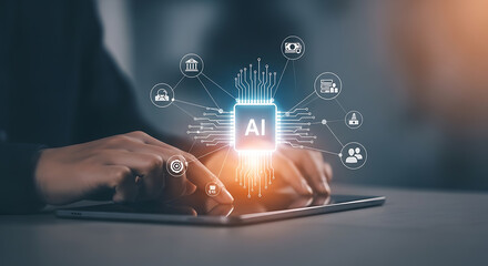 Artificial intelligence chip concept with connecting icons over a digital tablet screen interface