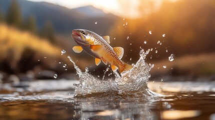 Fototapeta premium A captivating moment of a trout leaping out of a shimmering river at sunrise, showcasing the beauty of wildlife and nature's dynamic movement in a tranquil environment.