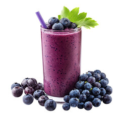 Blueberry smoothie in a glass with a straw and fresh blueberries around the glass on black background on transparent background