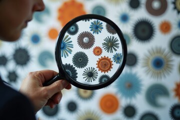A businesswoman carefully examines a textured collage through a magnifying glass.