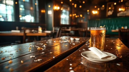 A refreshing glass of beer sits on a rustic wooden table in a pub, conveying the convivial atmosphere of relaxation and camaraderie among friends.