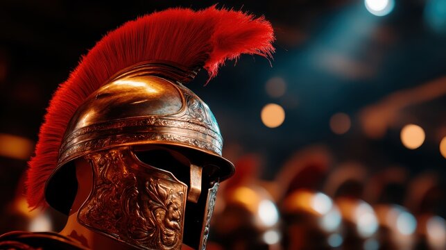 An impressive close-up of a Roman helmet adorned with a bright red plume, symbolizing valor and strength while capturing the artistry and craftsmanship of ancient armor.