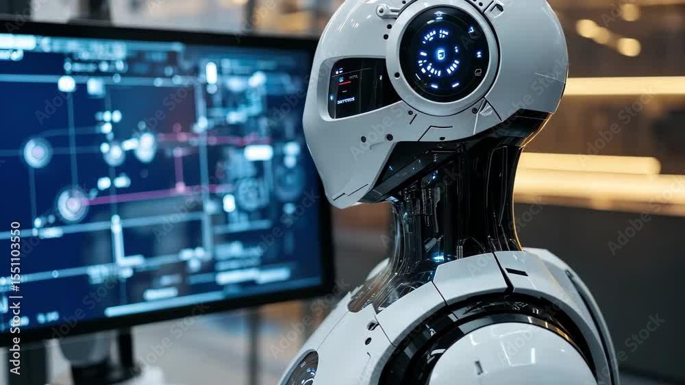 Poster humanoid robot interacts with digital monitor while analyzing data at a modern research facility, ro