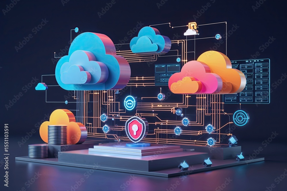 Poster 2d digital art representing abstract cloud ecosystems data management strategies and secure network 
