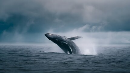 Fototapeta premium Whale breaching under dramatic cloudy sky in open ocean