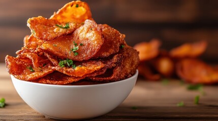 An alluring close-up of a plate overflowing with crispy potato chips, garnished with herbs, highlighting their tantalizing texture and perfect for snacking lovers.